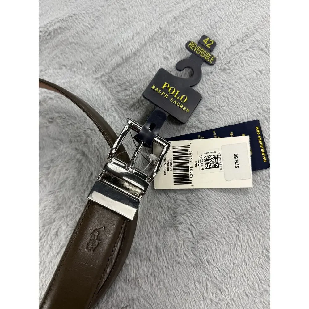 Polo Ralph Lauren Mens Reversible Leather Belt Brown Tan Silver Buckle Size 42